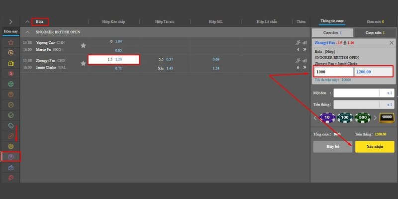 Loại cược kèo Tài Xỉu Bida